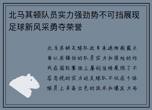 北马其顿队员实力强劲势不可挡展现足球新风采勇夺荣誉