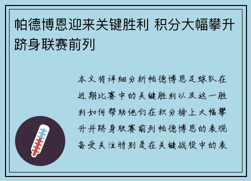 帕德博恩迎来关键胜利 积分大幅攀升跻身联赛前列