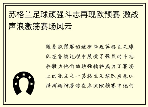 苏格兰足球顽强斗志再现欧预赛 激战声浪激荡赛场风云